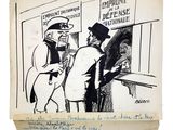 drawing of a cartoon of a man talking to another man at a counter