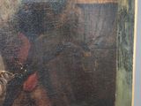 painting of a man sitting in a chair with a dog in front of him