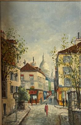 tableau représentant une femme marchant dans une rue de la ville, vêtue d'un manteau rouge