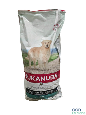 un sac de croquettes avec un chien debout à l'intérieur