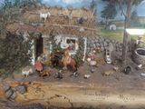 a picture of a painting of a farm scene with chickens and chickens