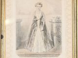 a drawing of a woman in a white dress in a gold frame