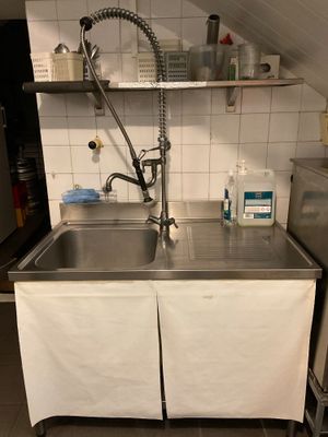 a kitchen with a sink and a refrigerator in it