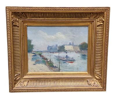 an oil painting of boats on a river with buildings in the background