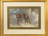 painting of a horse in a stable by a man in a blue hat