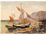 a painting of a boat on the water with other boats in the background