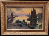 a picture of a painting of boats on the water