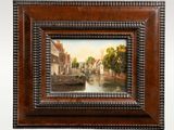 une peinture à l'huile représentant un canal avec un bateau sur l'eau