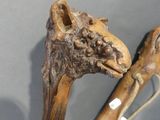 two walking sticks that have been carved to look like a giraffe ' s head