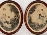 two framed pictures of two women and a dog in a wooded setting