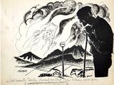 drawing of a man standing in front of a mountain with a sky background