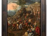 a painting of a group of people on a hill with a cross in the background