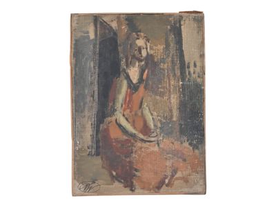 an old painting of a woman in a red dress sitting in a doorway