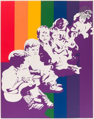 an image of a group of children sitting on top of a rainbow colored background