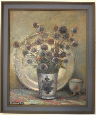 a painting of flowers in a vase on a table