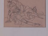 drawing of a woman sitting on a couch with a dog