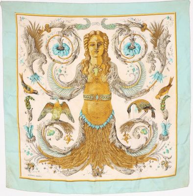 an image of a scarf with an image of a woman and birds on it