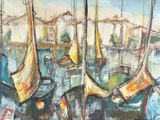 peinture de bateaux dans un port avec des bâtiments en arrière-plan