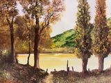a painting of some trees by the water