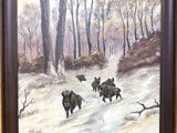 une peinture à l'huile représentant un groupe de sangliers dans une forêt enneigée