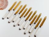 six knives are lined up next to a shell on a white surface