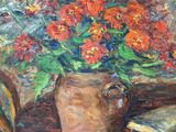a painting of a vase of flowers on a table