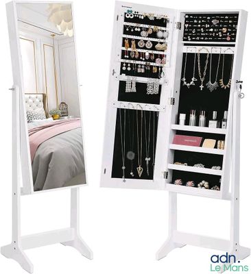 armoire à bijoux avec miroir, dotée d'un espace de rangement pour les bijoux et d'un miroir