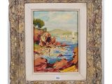 un tableau représentant une scène de plage avec un voilier sur l'eau