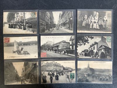several old black and white photographs of people walking down a street