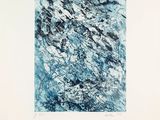 an abstract painting of blue and white paint on a white wall