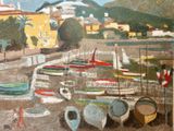 a painting of a harbor with boats on the water