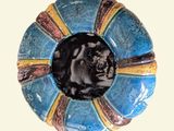 a dog that is sitting inside of a blue and yellow bowl