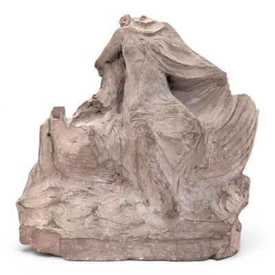 statue of a woman sitting on a rock on a white background