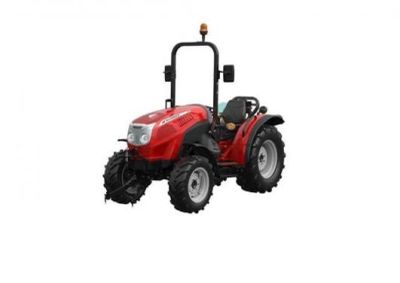 le tracteur est rouge et noir et est équipé d'un phare