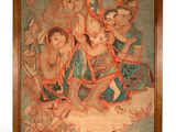 an old picture of a painting of a man riding a horse with two women