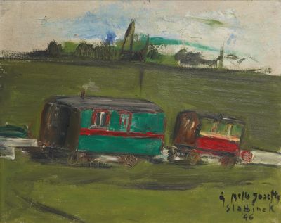 two trains that are sitting on the tracks in the grass