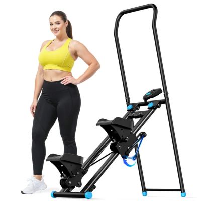the woman is standing next to a folding exercise machine