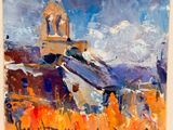 an oil painting of a church tower with a sky in the background