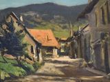 tableau représentant une rue d'un village, avec des maisons et une montagne en arrière-plan