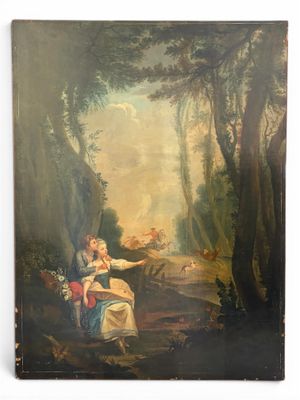 an old painting of a woman and child in a wooded setting