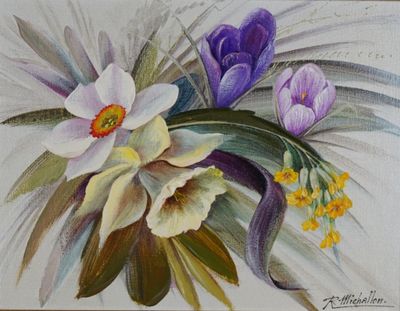 peinture représentant des fleurs violettes et blanches dans un vase posé sur une table