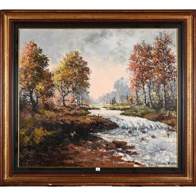 une peinture représentant un ruisseau dans une zone boisée, avec des arbres