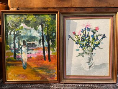 two paintings of flowers in a vase on a table