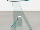 a glass side table with a metal base and a glass top