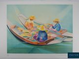 painting of a couple of boats with people in them on the water
