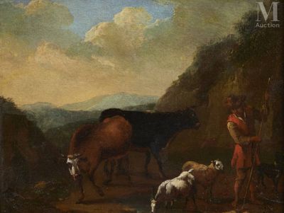painting of a painting of a man and a cow in a mountainous landscape