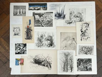 a lot of drawings on the floor of this room
