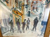 une peinture représentant un groupe de personnes marchant dans la rue