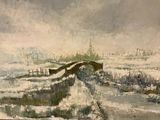 painting of a painting of a snowy landscape with a bridge