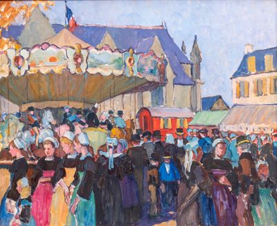 a painting of a crowd of people at a carnival